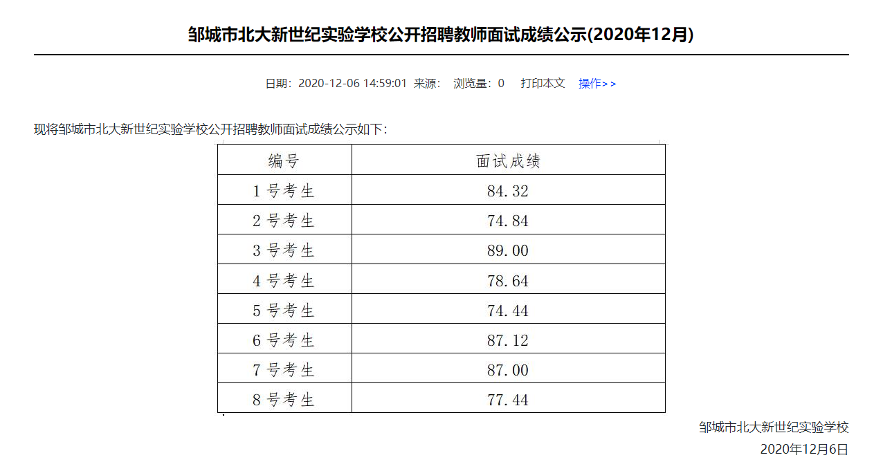 鄒城市北大新世紀(jì)實(shí)驗(yàn)學(xué)校公開(kāi)招聘教師面試成績(jī)公示(2020年12月)